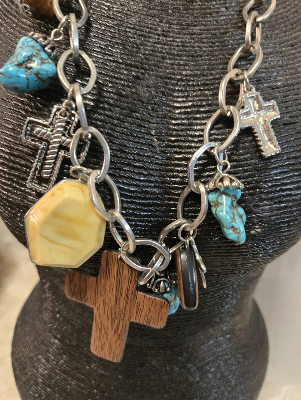 Vintage Turquoise, Wood & Yellow Charm Cross Necklace - Women Jewelry - Picture 5 of 5